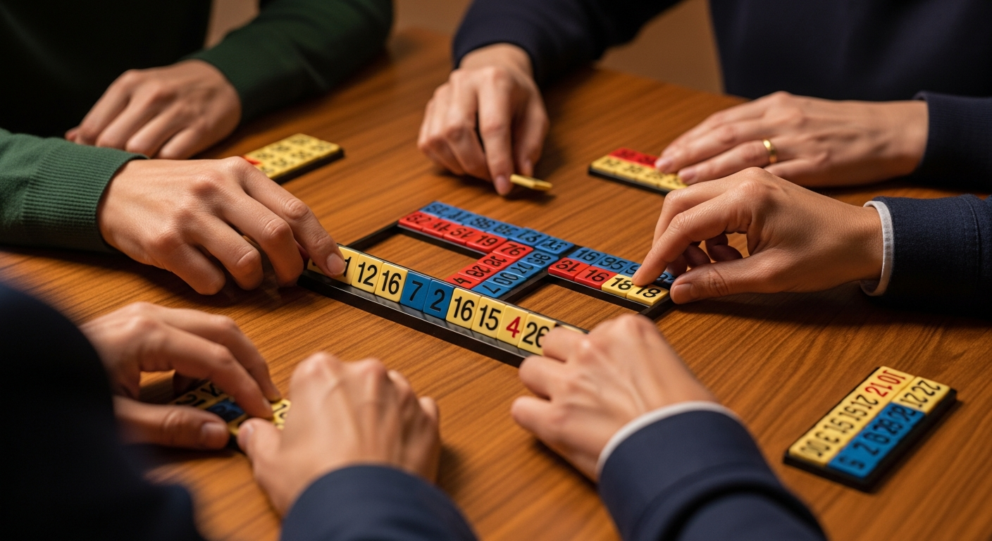 다양한 연령대가 숫자 타일 게임 루미큐브를 함께 하는 모습