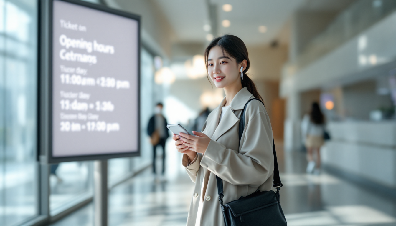 미술관 입구에서 온라인 티켓을 확인하는 편안한 복장의 한국인 방문자
