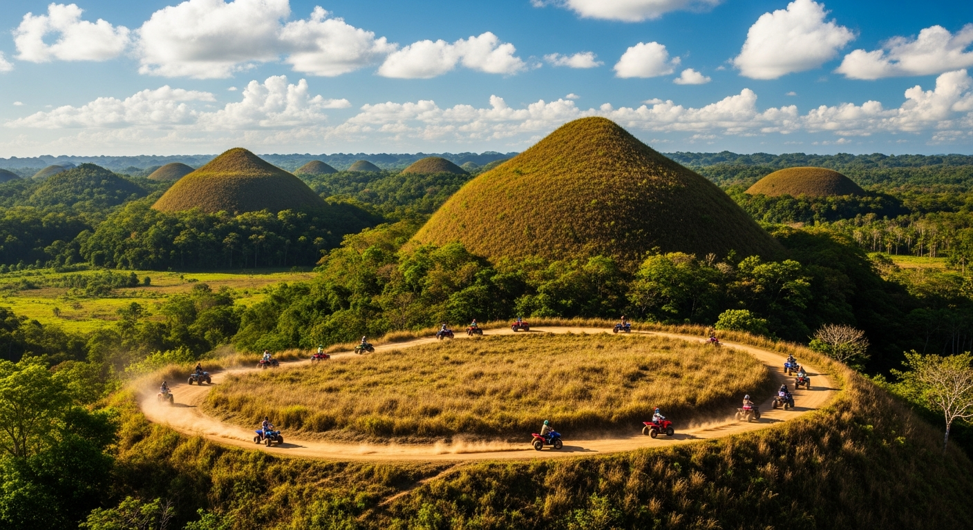 푸른 하늘 아래 보홀의 초콜릿 힐과 ATV를 타는 아이들