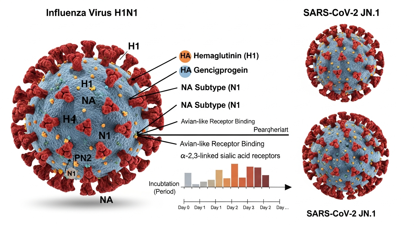 독감 인플루엔자 바이러스와 코로나19 JN1 변이 바이러스 비교