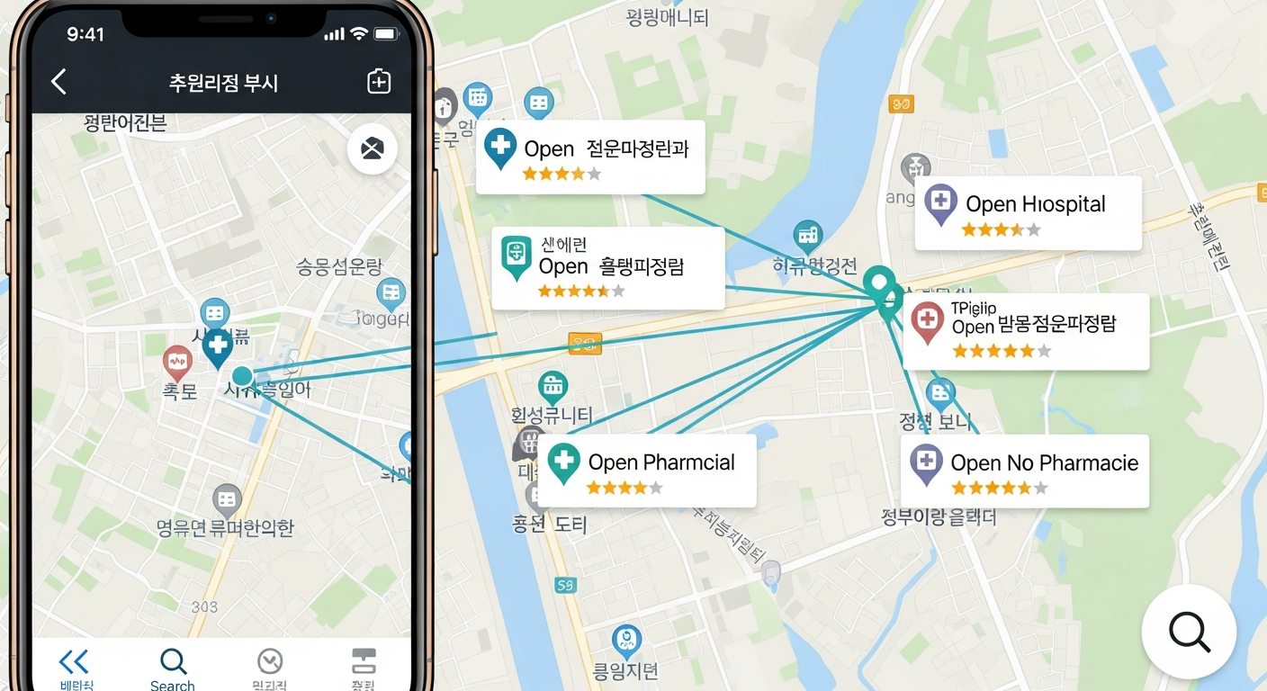 연휴 기간에 문 여는 병원과 약국 위치가 표시된 지도와 스마트폰 화면 모습