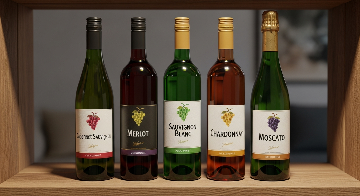 초보자를 위한 대표 와인 품종 5가지를 나타낸 와인 병 5개가 나무 선반 위에 정돈되어 있는 모습