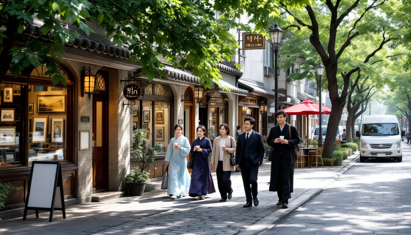 삼청동 골목 갤러리들이 늘어선 거리와 관람객들이 걸어 다니며 갤러리 호핑을 즐기는 장면