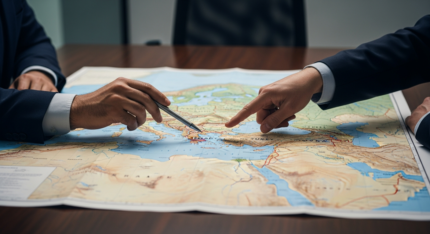 중동과 동지중해가 표시된 지도 앞에서 전략을 논의하는 분석가들의 전경