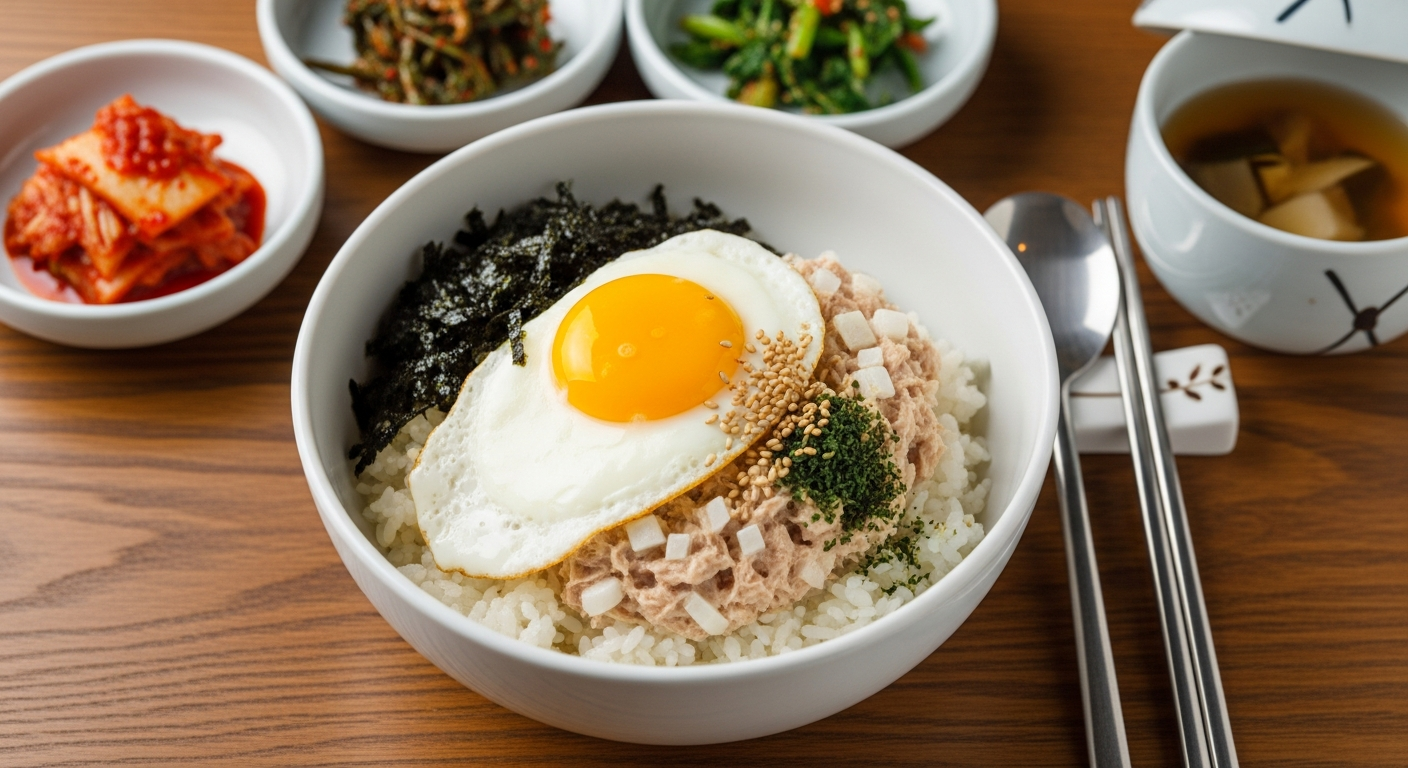 참치마요 덮밥이 담긴 한국식 1인분 식사 세팅, 잘게 다진 양파와 반숙 계란이 올려진 모습