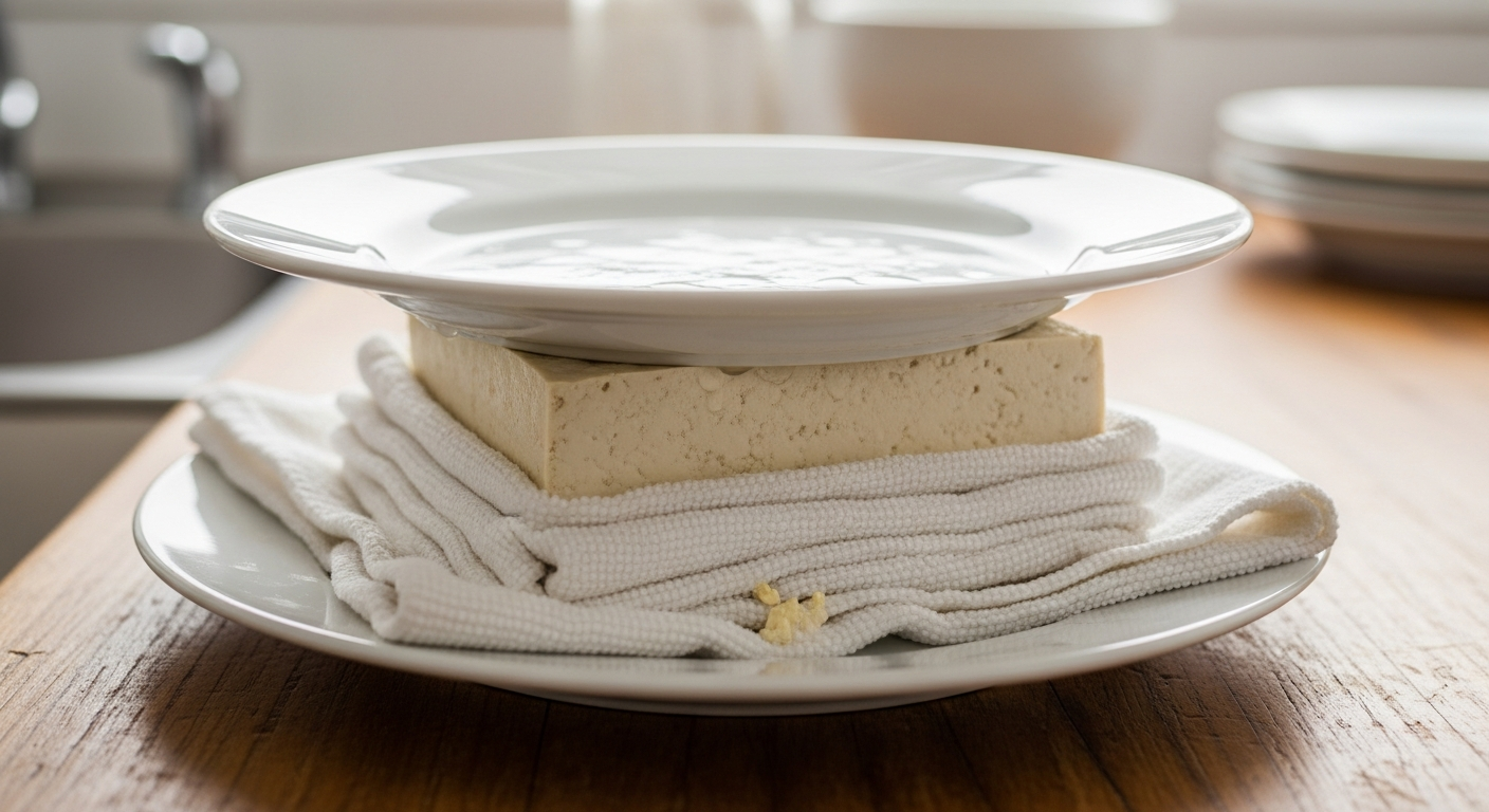 두부전 물기 제거를 위한 키친타월에 감싼 두부와 접시