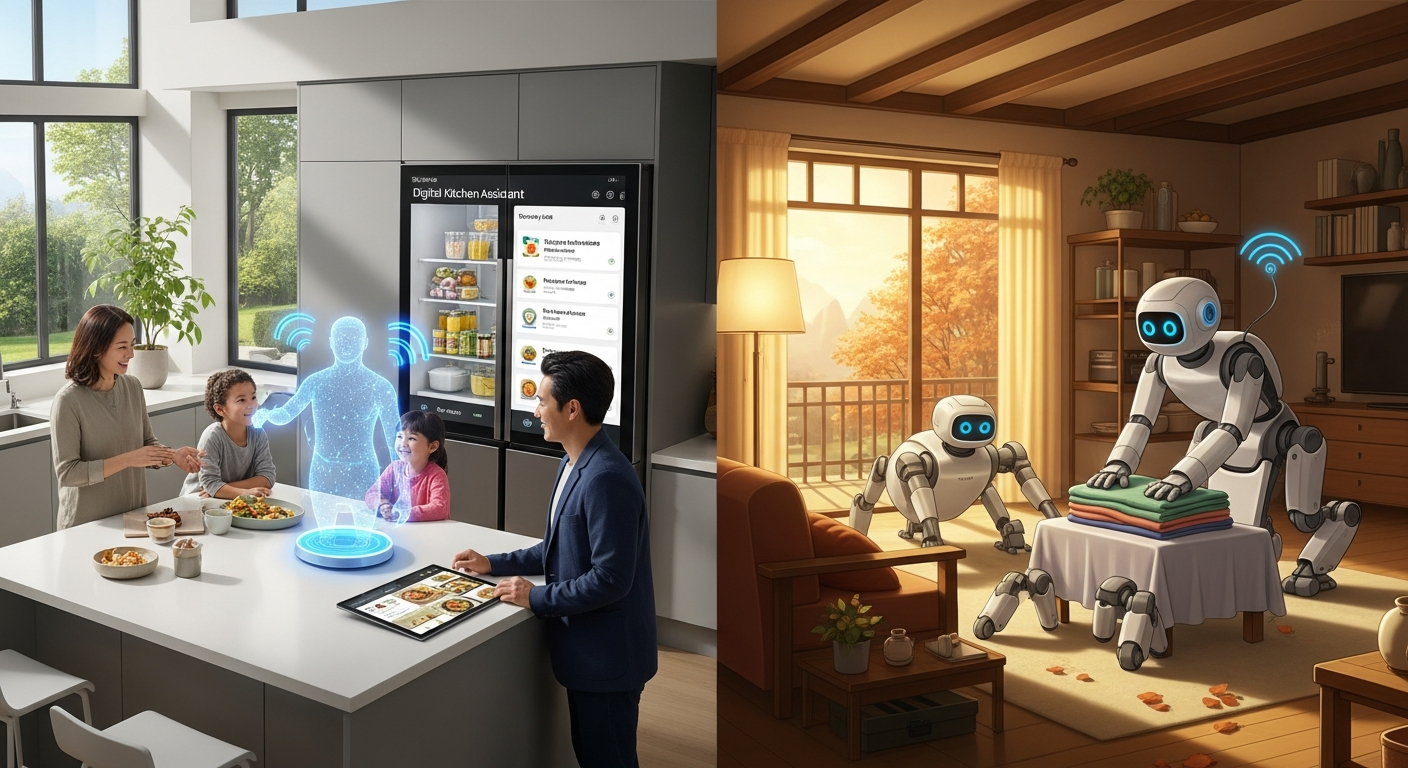 삼성과 LG의 브랜드 철학을 대조적으로 보여주는 일러스트, 삼성은 AI와 소프트웨어 중심, LG는 가사 노동 로봇 중심