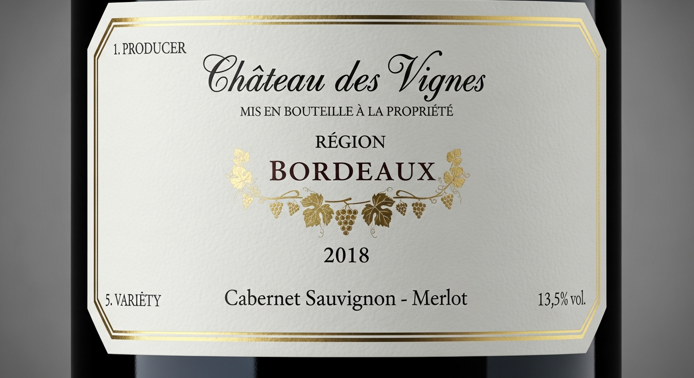 와인 라벨의 다섯 가지 핵심 정보 항목을 상세하게 보여주는 클로즈업 이미지