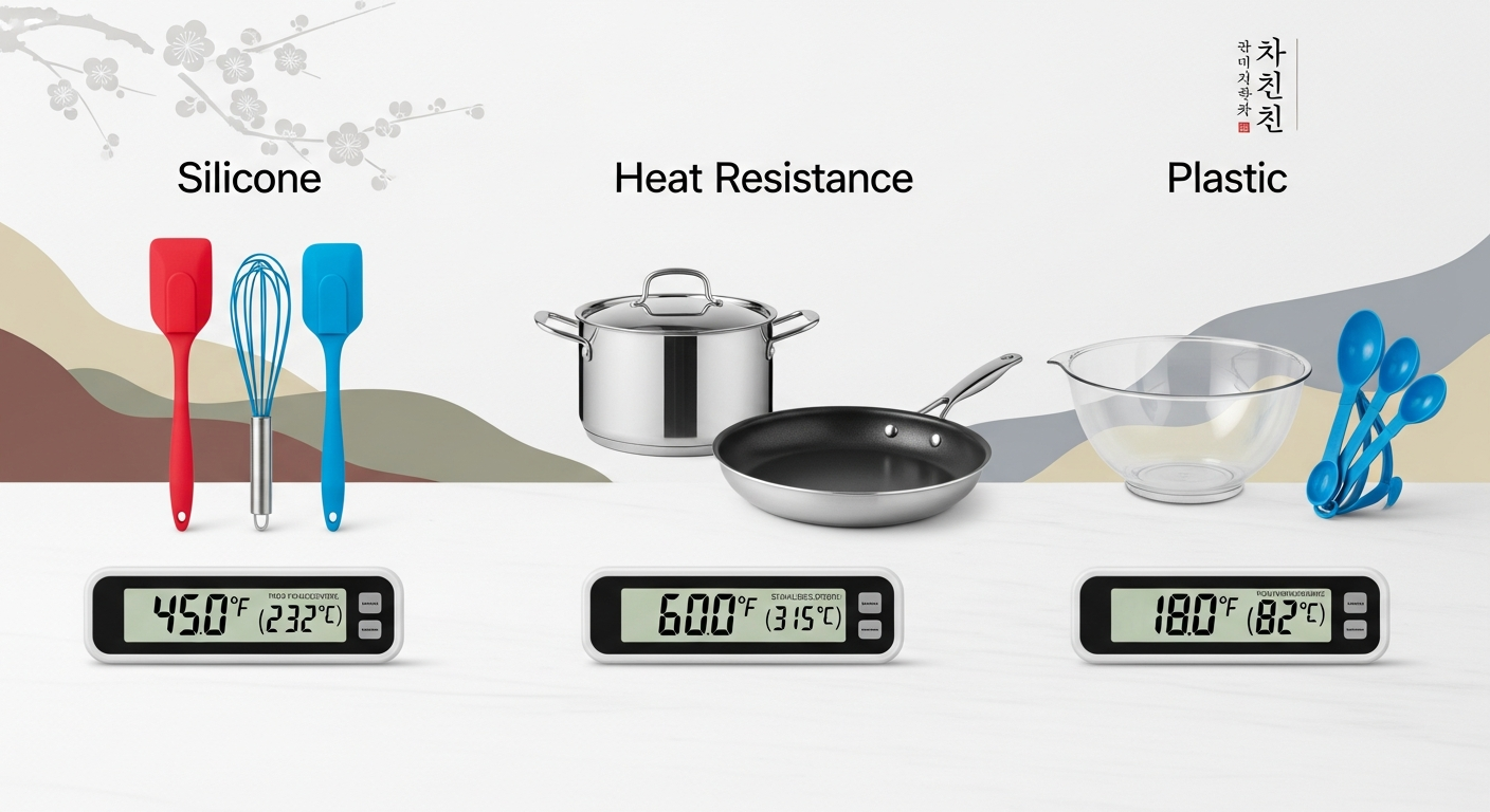 한국적 분위기 배경에서 실리콘, 스테인리스 스틸, 플라스틱 주방용품의 내열성 비교 이미지