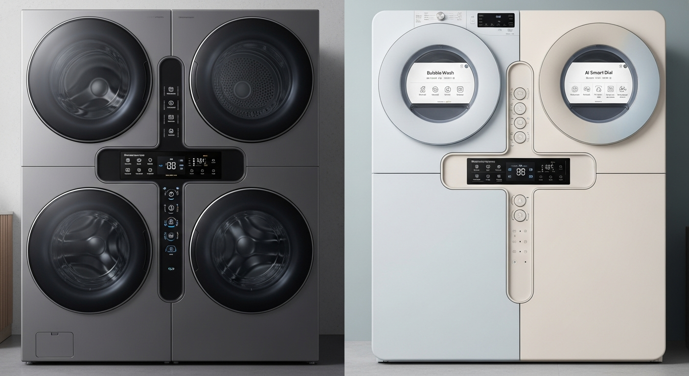 LG 트롬 워시타워와 삼성 비스포크 AI 원바디 세탁기/건조기 제품 이미지, 디자인과 기능 강조