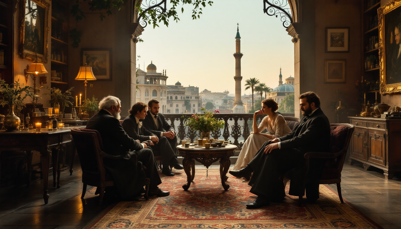 19세기 레바논 레반트의 지식인 살롱 모습 인쇄된 아랍 신문과 책이 탁자에 흩어져 있고 당대 복장의 기독교 부르주아 지식인들이 유성등 아래 토론하는 장면 벽에는 식민 분할을 암시하는 희미한 지도 겹침