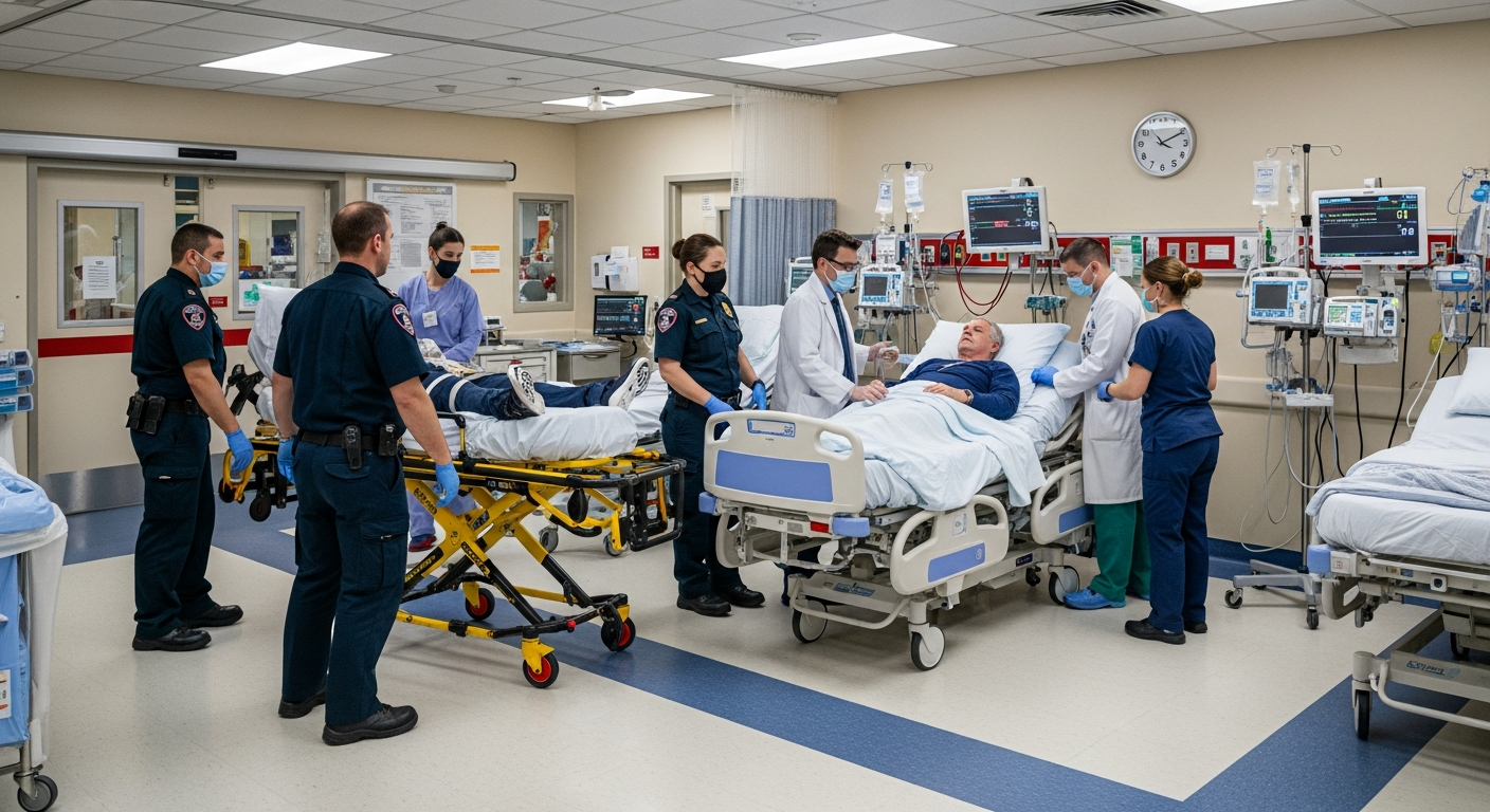 연휴 중 위급 환자가 구급차로 응급실에 이송되어 치료받는 응급의료기관 모습