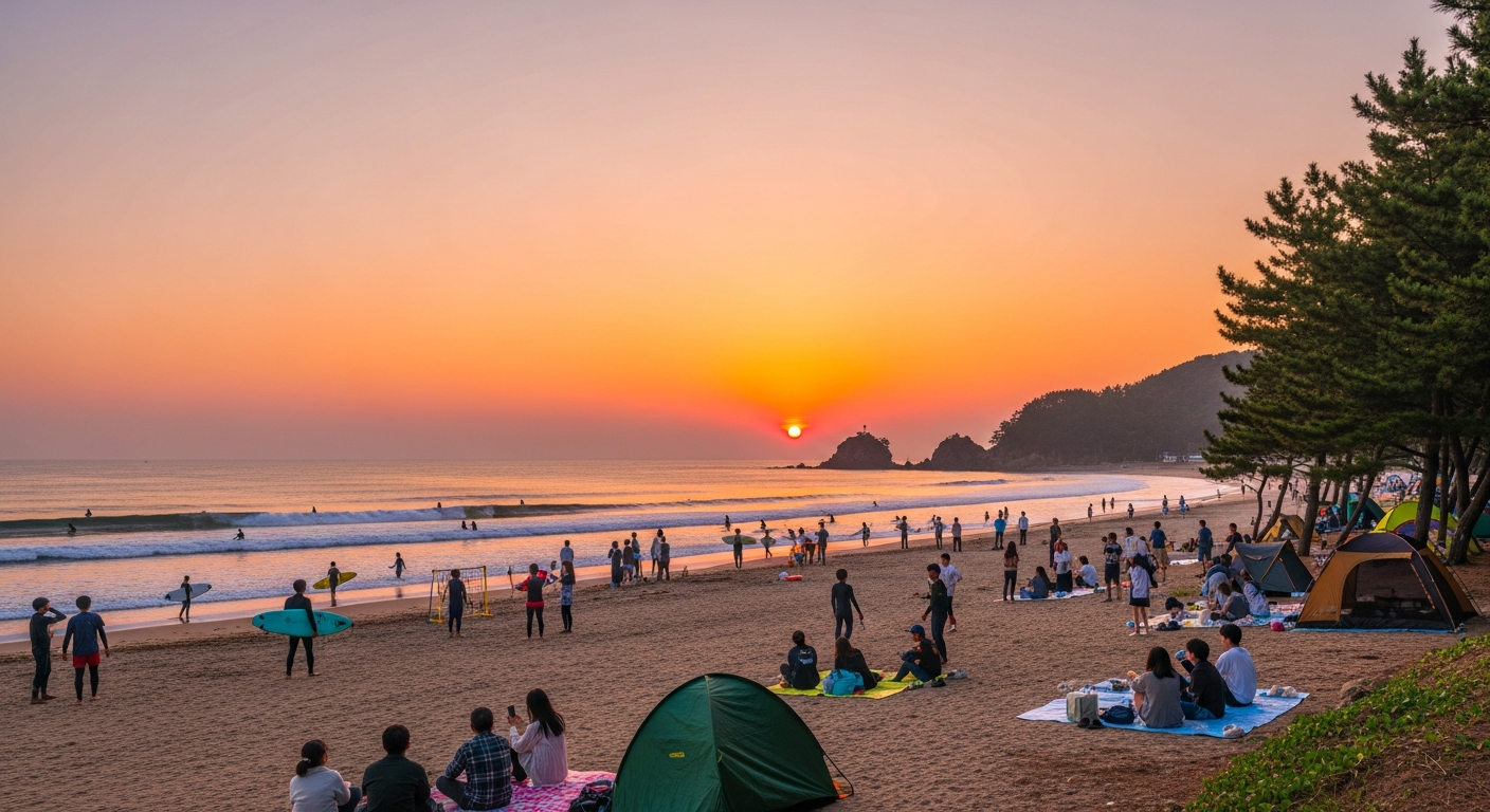 충남 태안 만리포해수욕장에서 저녁 노을과 캠핑을 즐기는 서핑 풍경