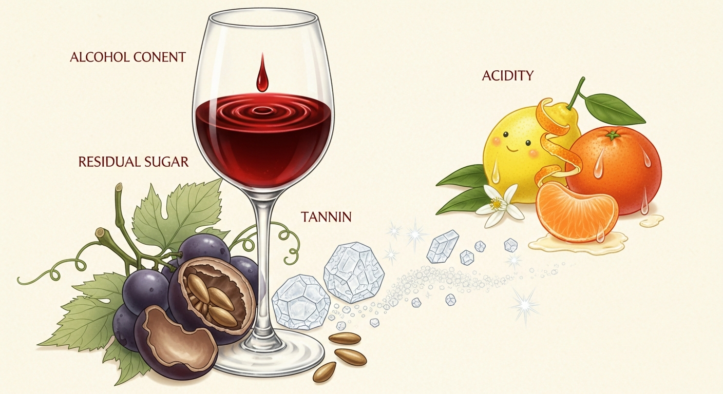 와인 바디를 결정하는 네 가지 요소를 보여주는 친근한 일러스트
