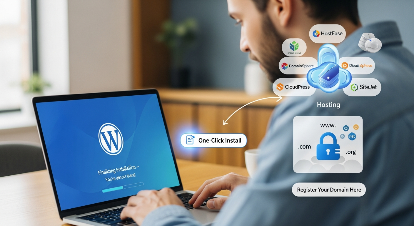 워드프레스 설치와 도메인 및 호스팅 구매 과정을 보여주는 실제감 있는 노트북 사용 장면