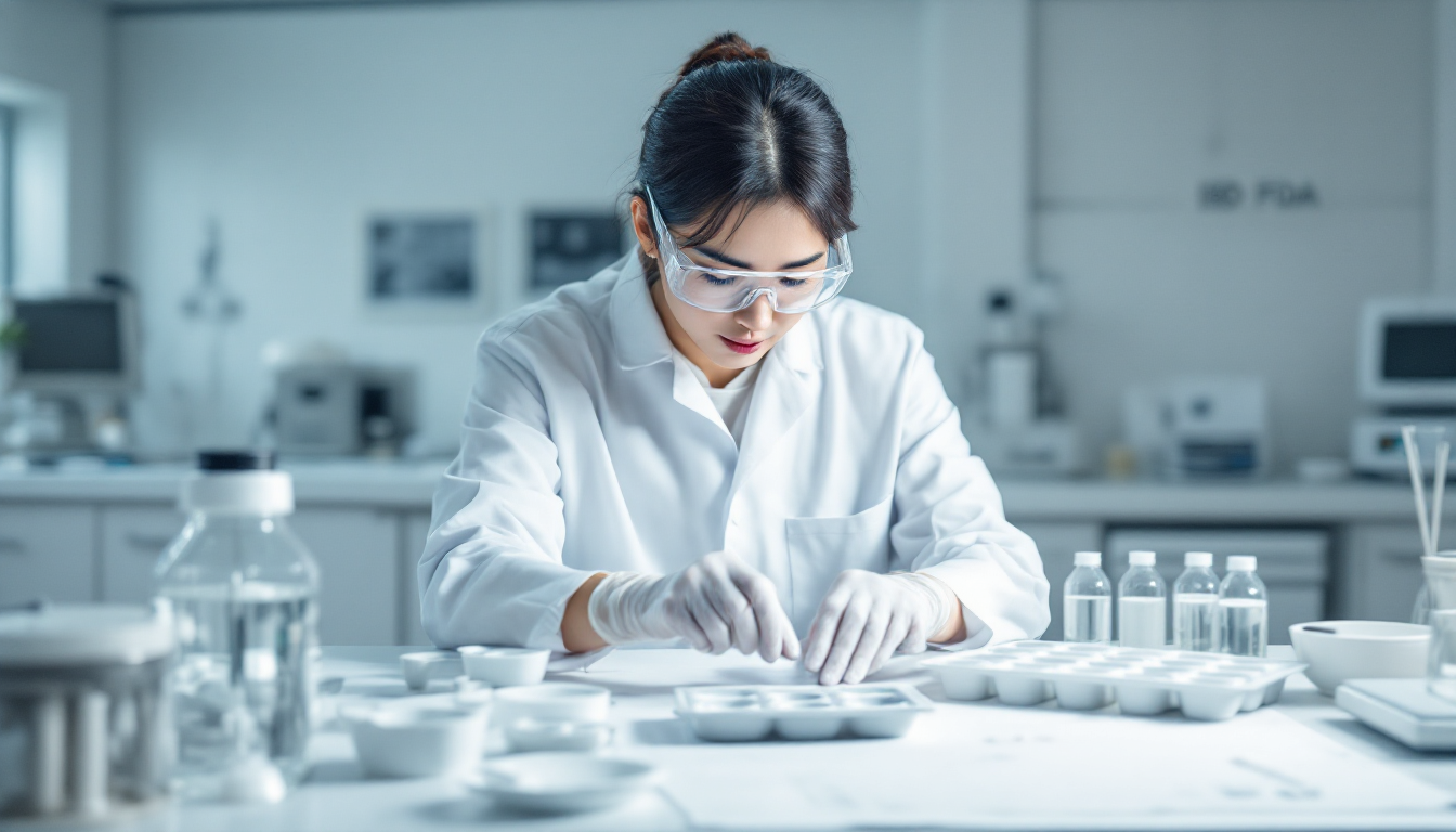 한국인 연구원이 실리콘 제품 샘플을 안전 검사하는 실험실 장면