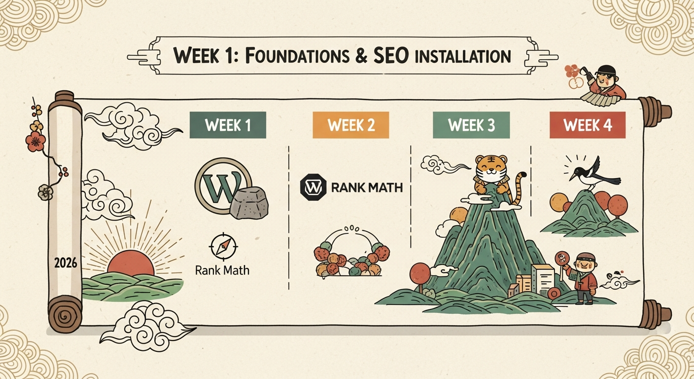 2026년 워드프레스 자동화 30일 실천 로드맵을 시각적으로 보여주는 한국풍 인포그래픽