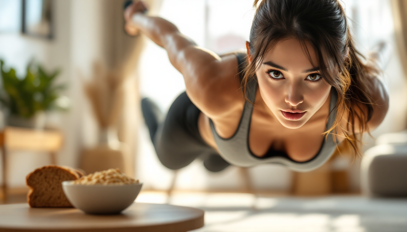 20대 여성이 집에서 버피 운동을 하는 모습과 배경의 단백질 식단이 보이는 사진 설명