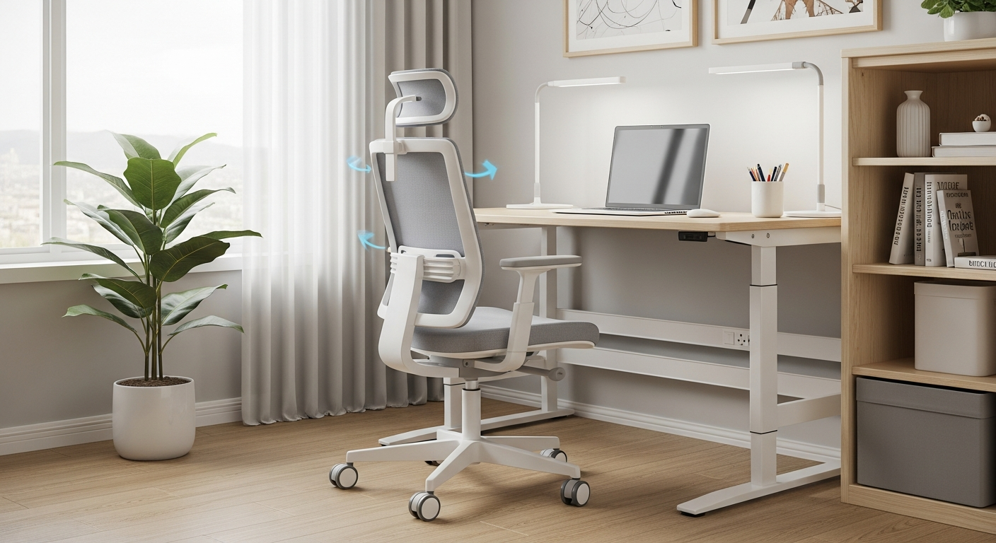 조절 가능한 인체공학 학습용 어린이 의자가 있는 밝고 깔끔한 공부방 코너