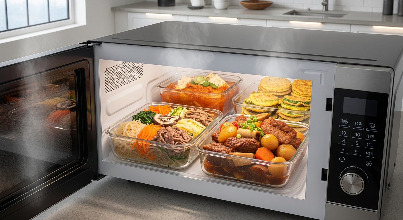 최신 전자레인지 기능과 명절 음식들을 조리하는 주방 장면