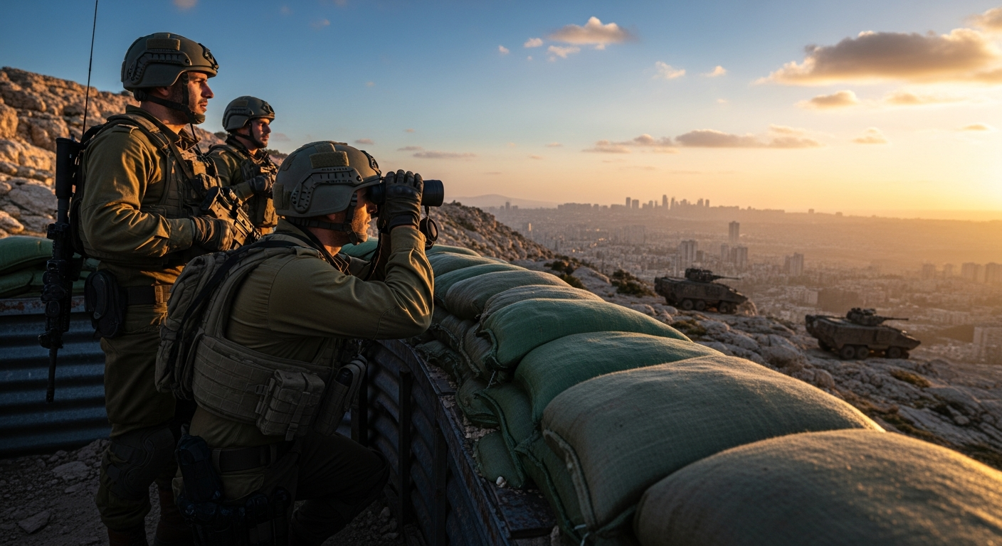 도시를 바라보는 군사 관측소에서 망원경을 들여다보는 이스라엘 군인 모습