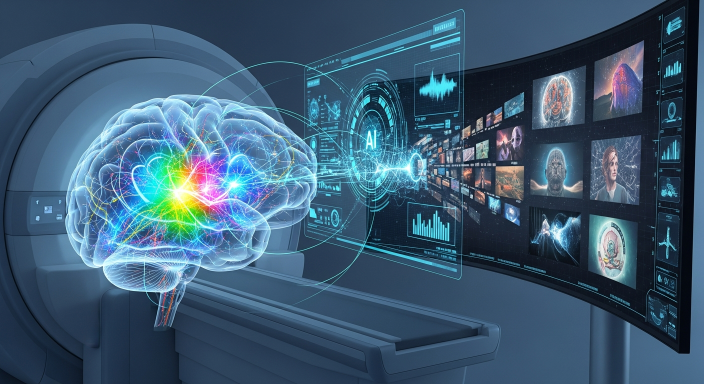 fMRI 뇌 신호를 분석하여 꿈 속 이미지를 복원하는 장면의 이미지