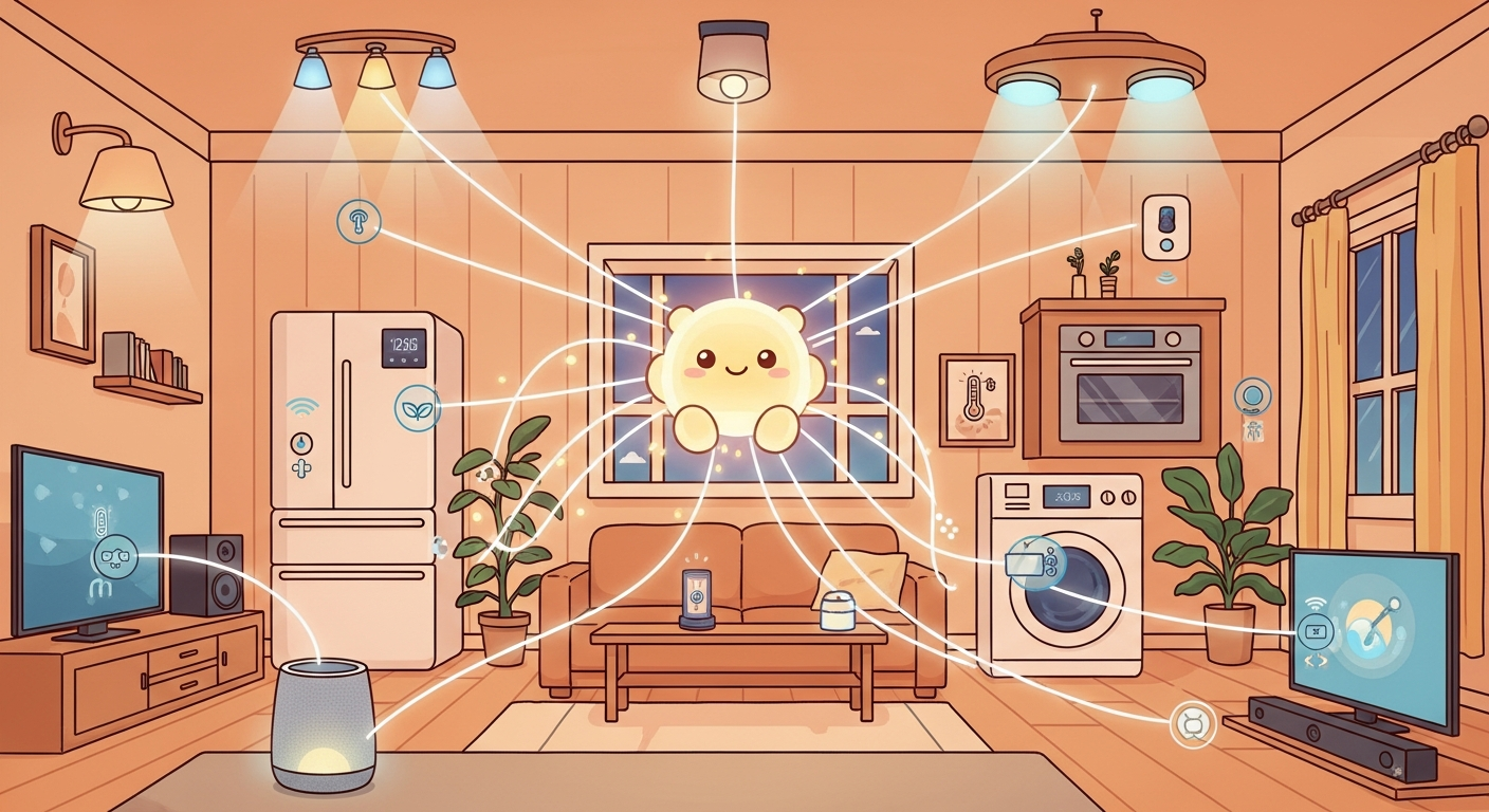 AI 스마트홈 생태계와 네트워크 연결을 설명하는 따뜻한 느낌의 일러스트