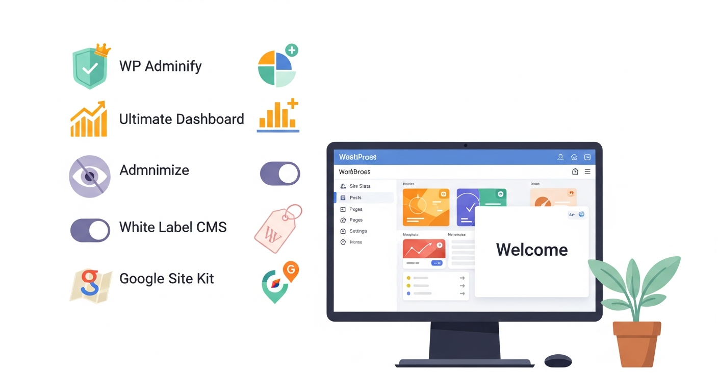 워드프레스 대시보드 최상위 5개 추천 플러그인 아이콘을 중심으로 컴퓨터 화면과 함께 따뜻한 동화풍 일러스트 이미지