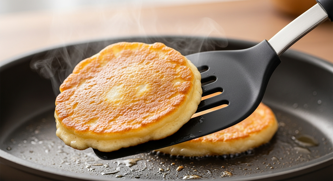 부서지기 쉬운 팬케이크를 부드럽게 뒤집는 실리콘 뒤집개의 모습