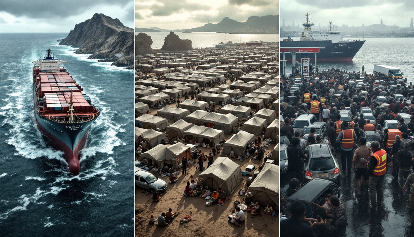 해상 우회로로 몰리는 컨테이너선 난민촌 지원 장면 연료 판매대 긴 대기 행렬을 보여주는 영향 장면 연작