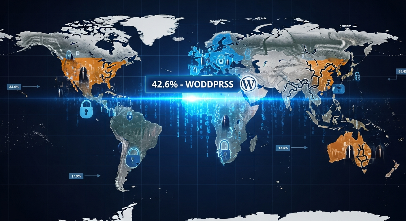 워드프레스가 전 세계 웹사이트의 42.6%를 차지하며 해커들의 주요 공격 대상이 되는 것을 표현한 이미지