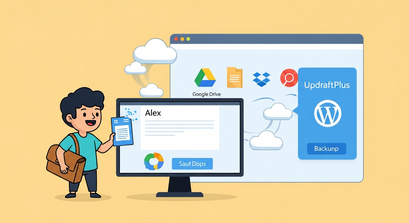 UpdraftPlus 플러그인을 이용해 워드프레스 사이트를 자동 백업하는 과정을 표현한 따뜻한 동화풍 일러스트