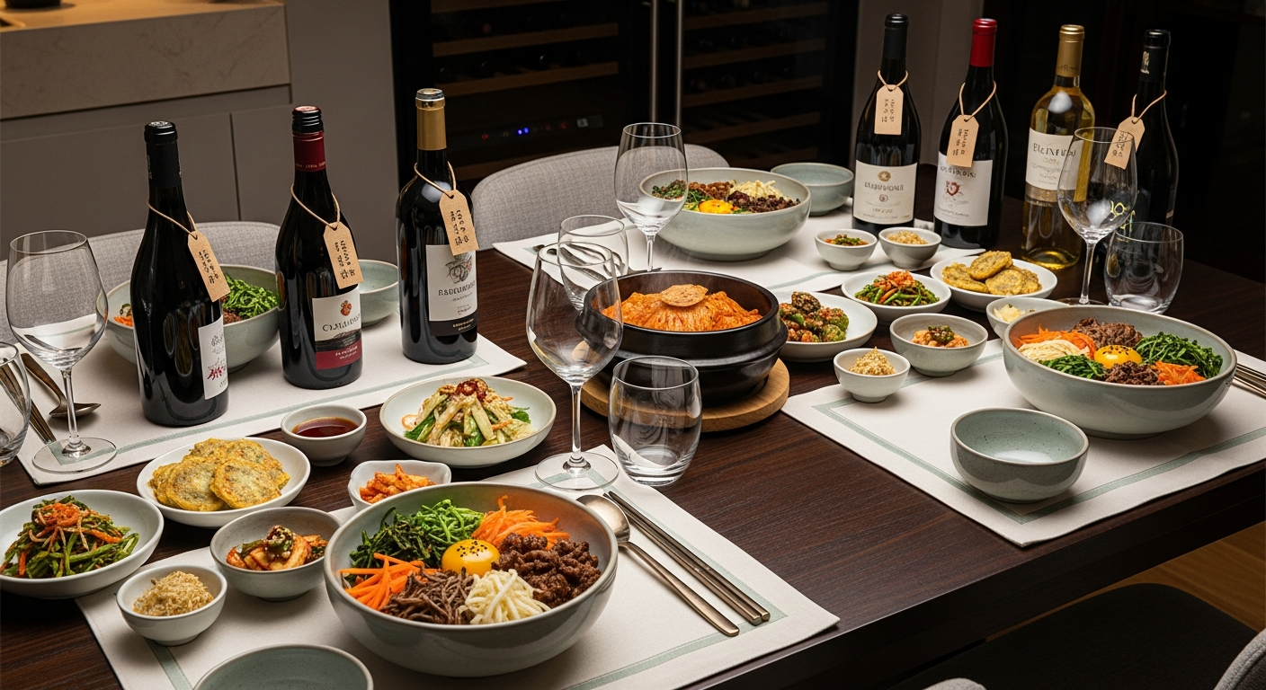 한국 요리와 다양한 와인이 놓인 우아한 다이닝 테이블