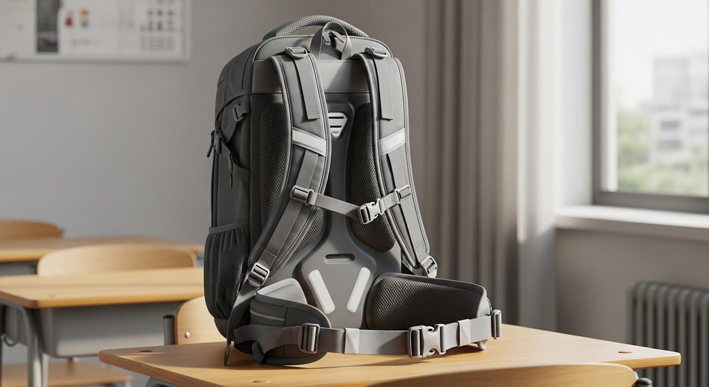 초경량 인체공학 초등학생 책가방을 학교 책상 위에 올려놓은 모습